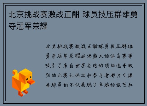 北京挑战赛激战正酣 球员技压群雄勇夺冠军荣耀