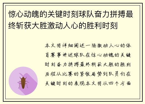 惊心动魄的关键时刻球队奋力拼搏最终斩获大胜激动人心的胜利时刻