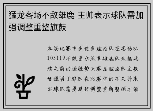 猛龙客场不敌雄鹿 主帅表示球队需加强调整重整旗鼓