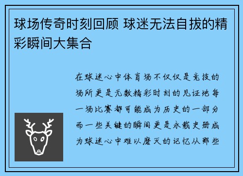 球场传奇时刻回顾 球迷无法自拔的精彩瞬间大集合