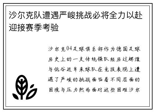 沙尔克队遭遇严峻挑战必将全力以赴迎接赛季考验