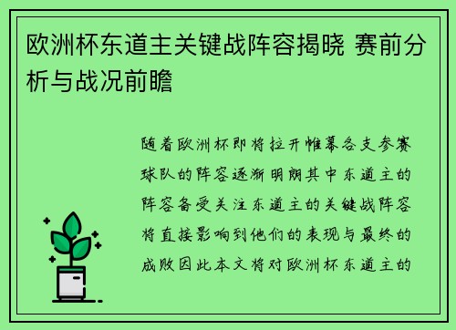 欧洲杯东道主关键战阵容揭晓 赛前分析与战况前瞻