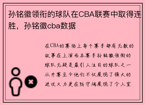 孙铭徽领衔的球队在CBA联赛中取得连胜，孙铭徽cba数据