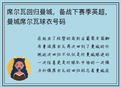 席尔瓦回归曼城，备战下赛季英超，曼城席尔瓦球衣号码