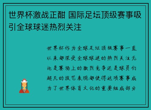 世界杯激战正酣 国际足坛顶级赛事吸引全球球迷热烈关注